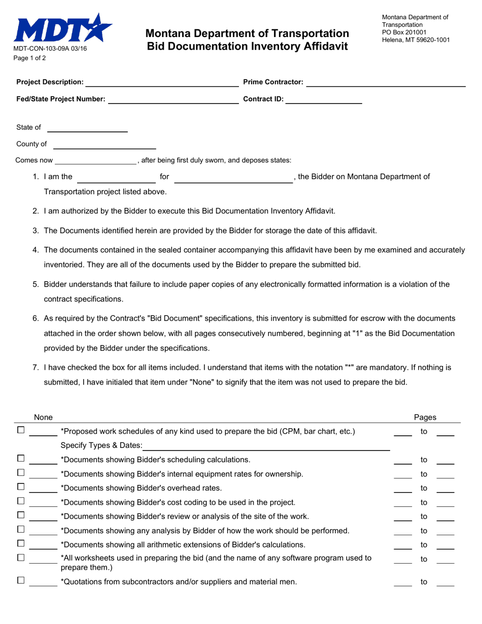 Form MDT-CON-103-09A Bid Documentation Inventory Affidavit - Montana, Page 1