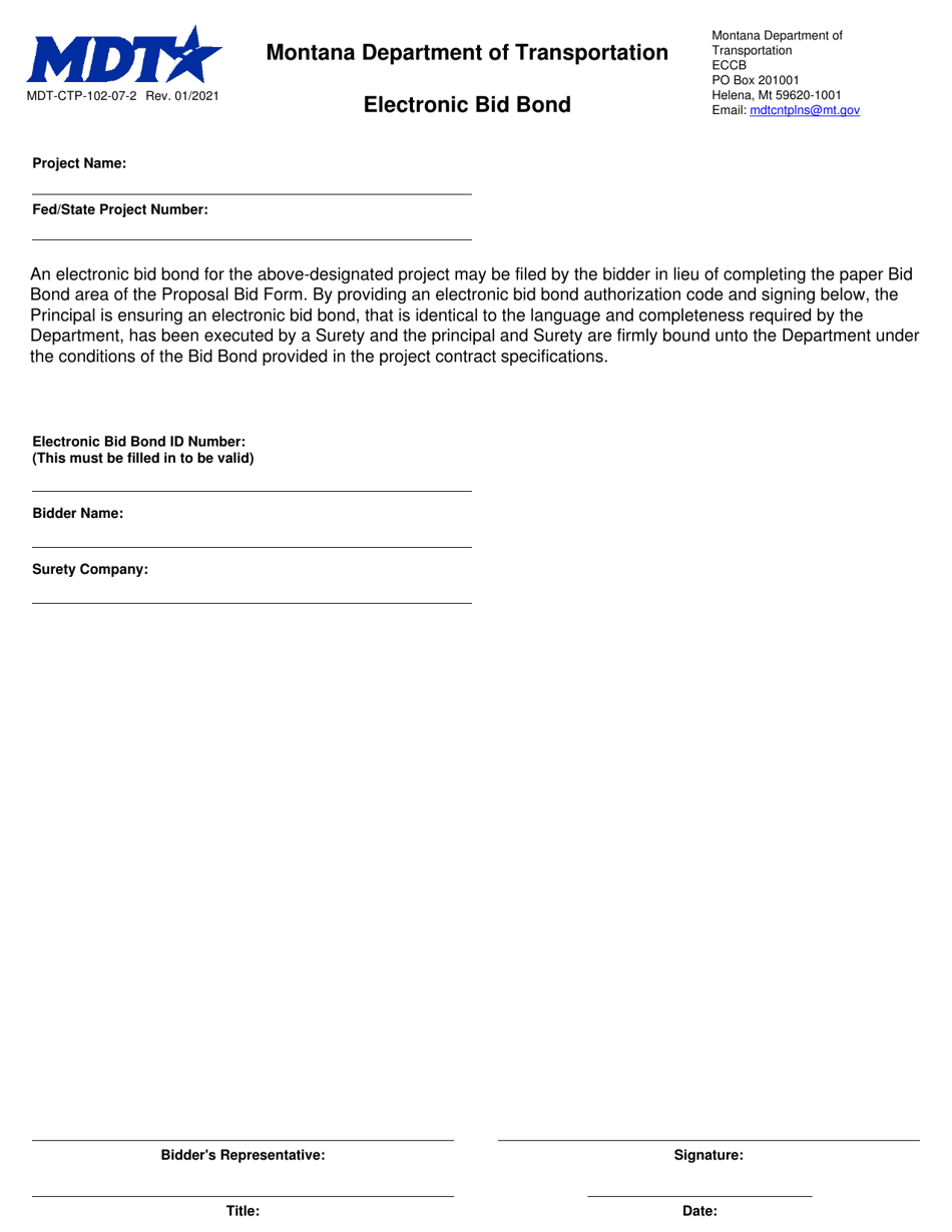 Form MDT-CTP-102-07-2 Electronic Bid Bond - Montana, Page 1