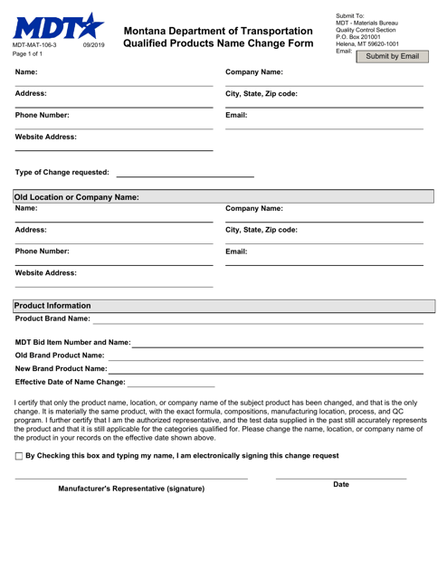 Form MDT-MAT-106-3 Qualified Products Name Change Form - Montana