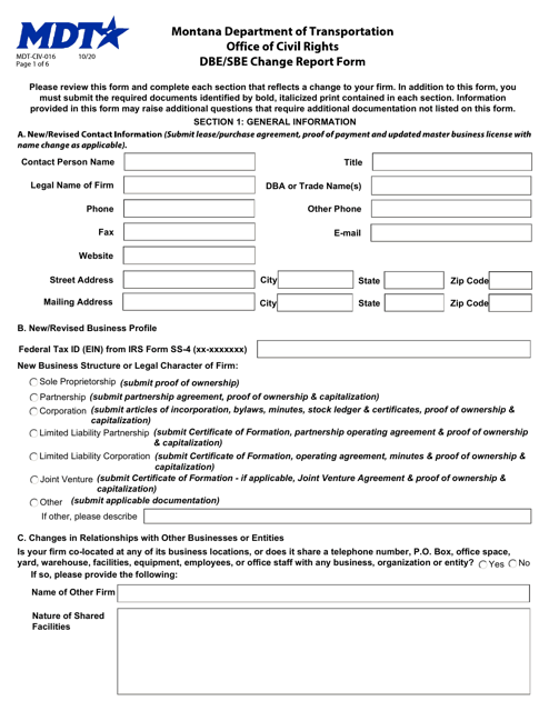 Form MDT-CIV-016 Dbe/Sbe Change Report Form - Montana