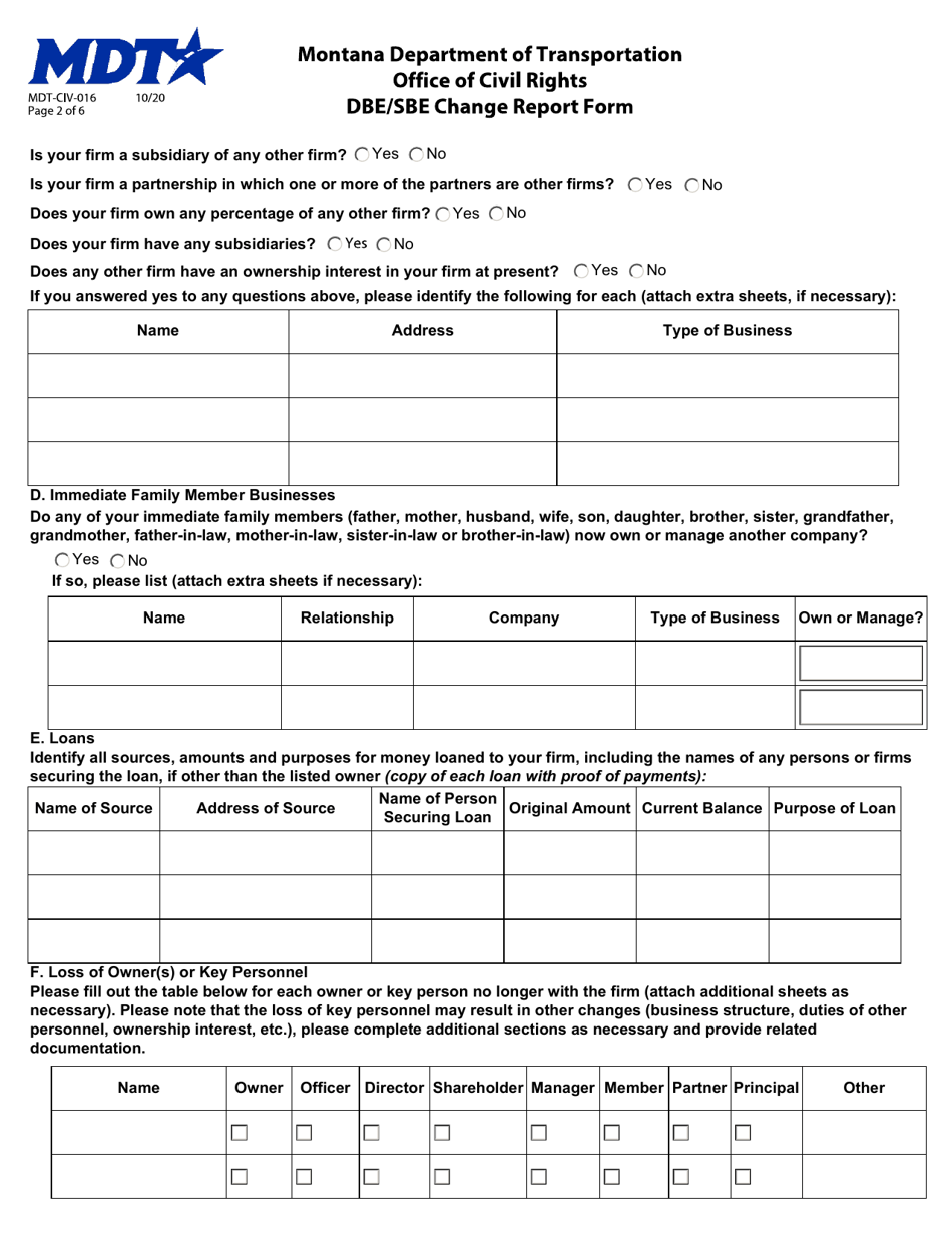Form MDT-CIV-016 Dbe / Sbe Change Report Form - Montana, Page 2