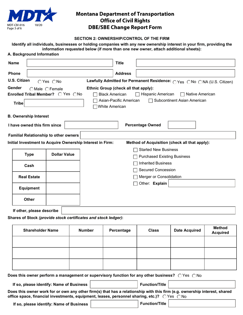 Form MDT-CIV-016 Dbe / Sbe Change Report Form - Montana, Page 3