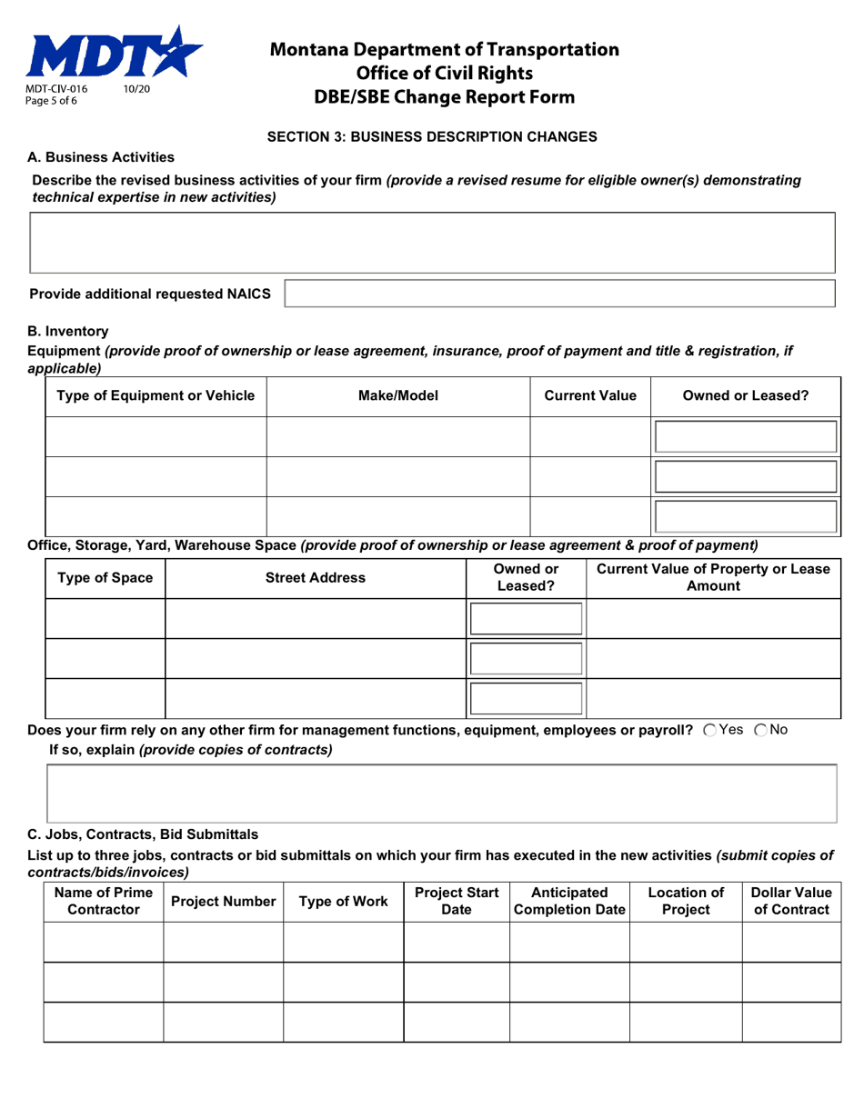 Form MDT-CIV-016 Dbe / Sbe Change Report Form - Montana, Page 5