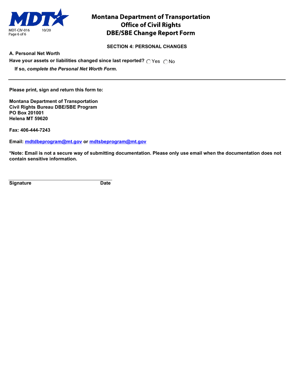 Form MDT-CIV-016 Dbe / Sbe Change Report Form - Montana, Page 6