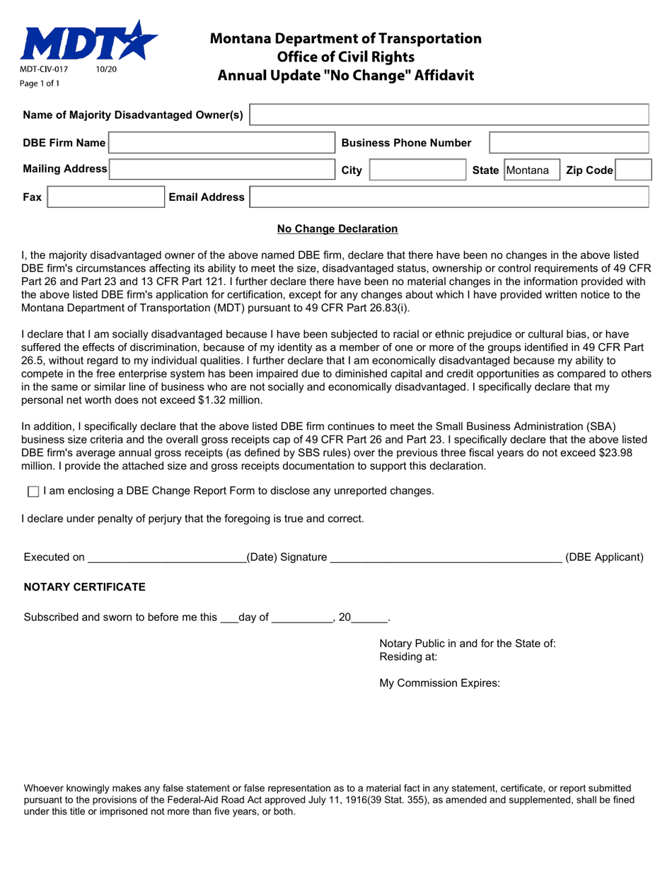 Form MDT-CIV-017 Annual Update no Change Affidavit - Montana, Page 1