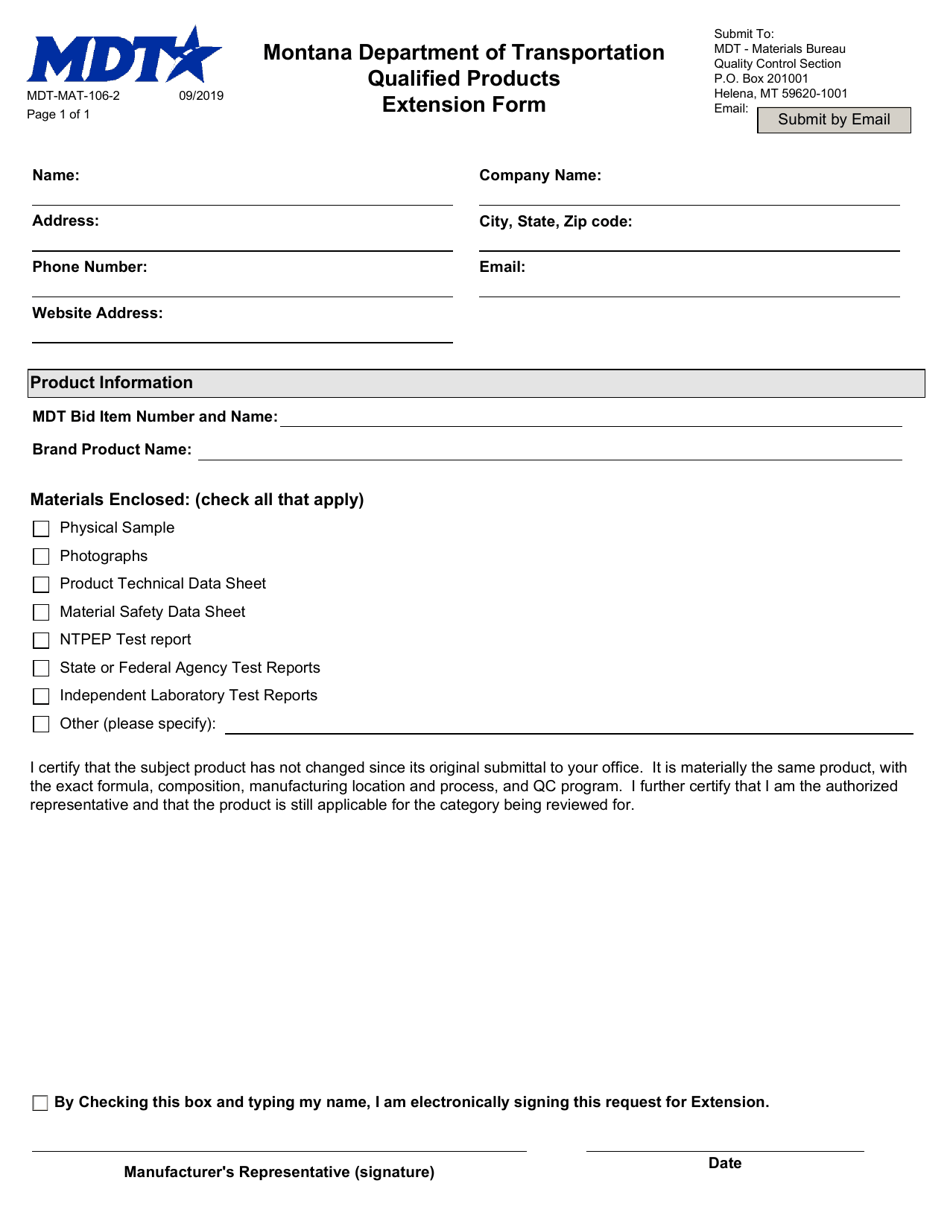 Form MDT-MAT-106-2 Qualified Products Extension Form - Montana, Page 1
