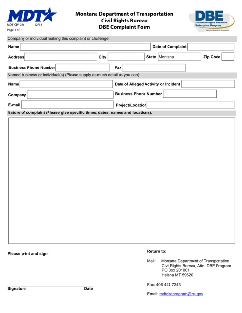 Form MDT-CIV-020 Dbe Complaint Form - Montana