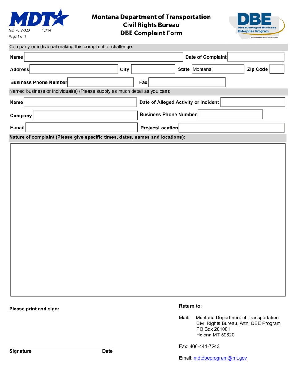 Form MDT-CIV-020 Dbe Complaint Form - Montana, Page 1
