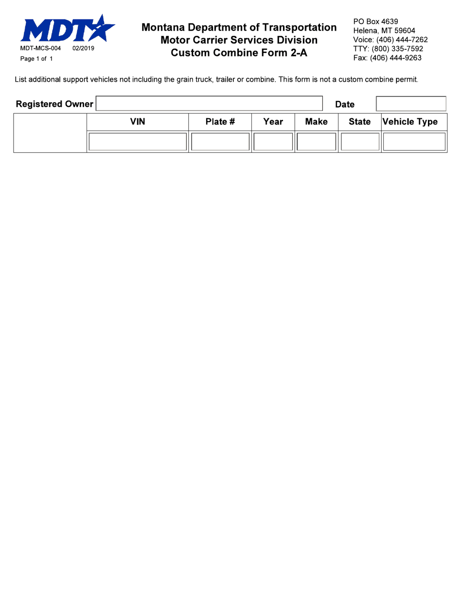 Form 2A (MDT-MCS-004) Custom Combine Form - Montana, Page 1