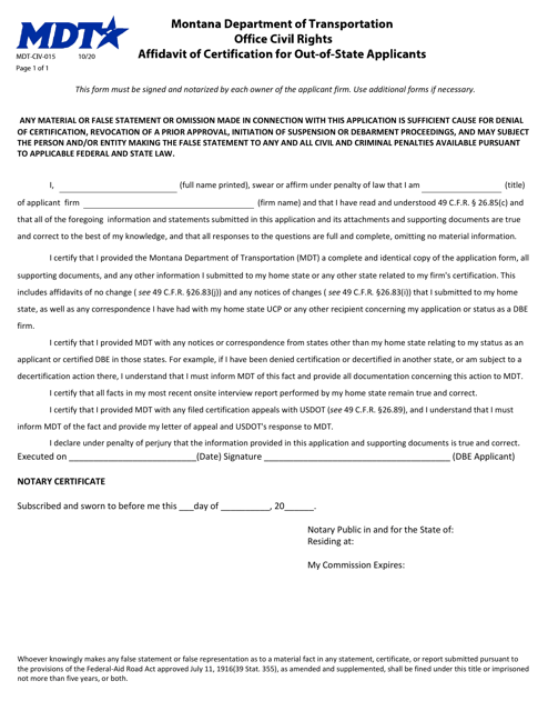 Form MDT-CIV-015 Affidavit of Certification for Out-of-State Applicants - Montana
