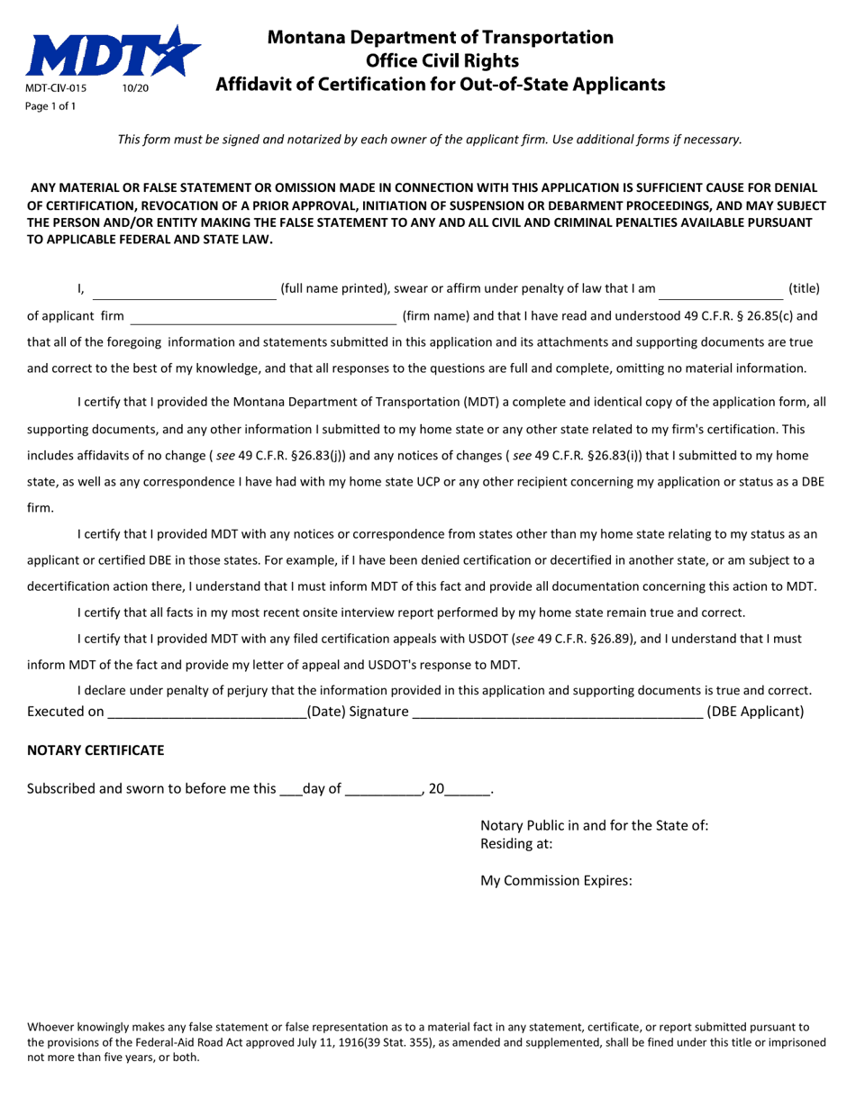 Form MDT-CIV-015 Affidavit of Certification for Out-of-State Applicants - Montana, Page 1