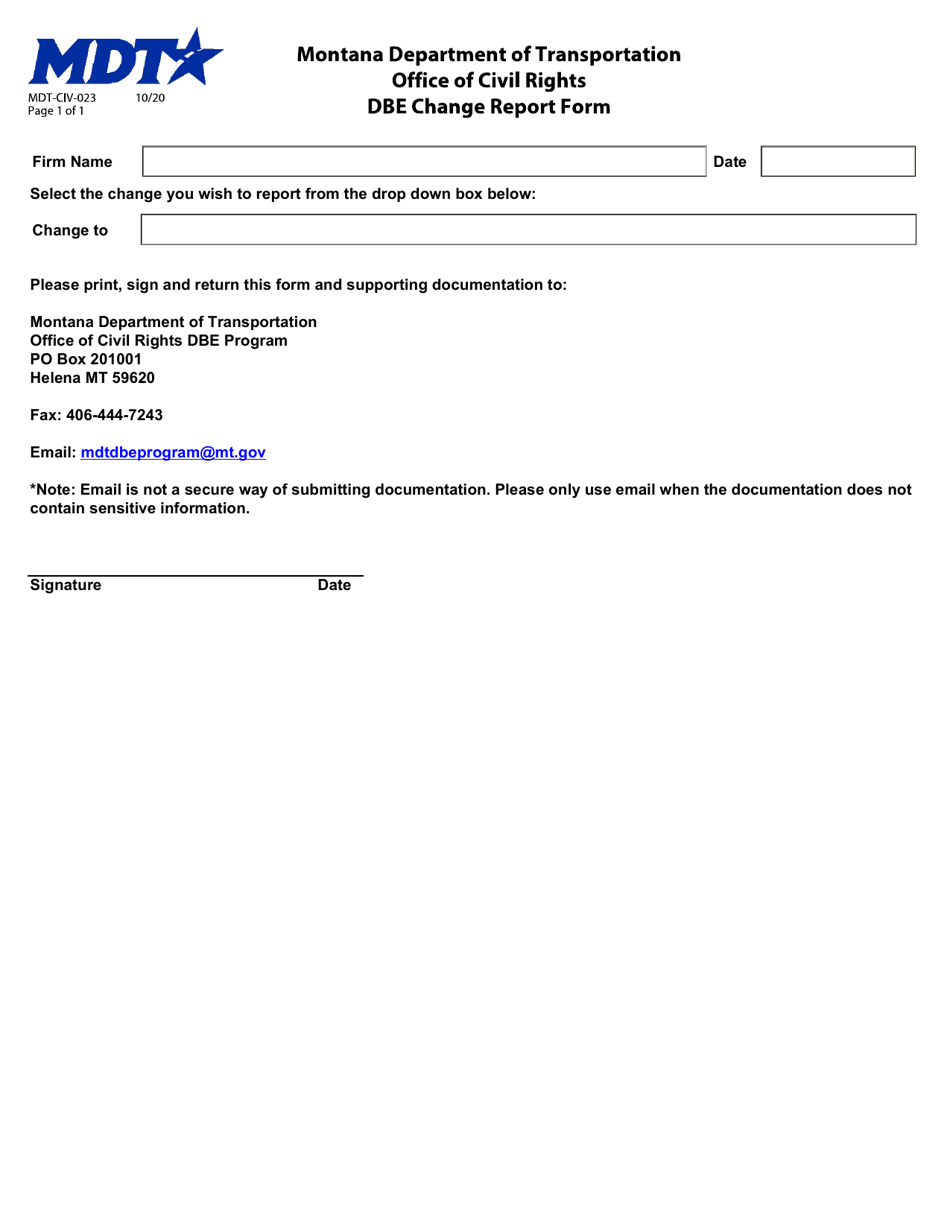 Form MDT-CIV-023 Dbe Change Report Form - Montana, Page 1
