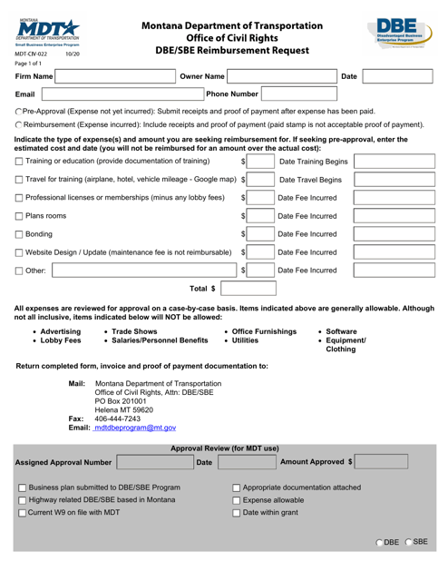Form MDT-CIV-022 Dbe/Sbe Reimbursement Request - Montana