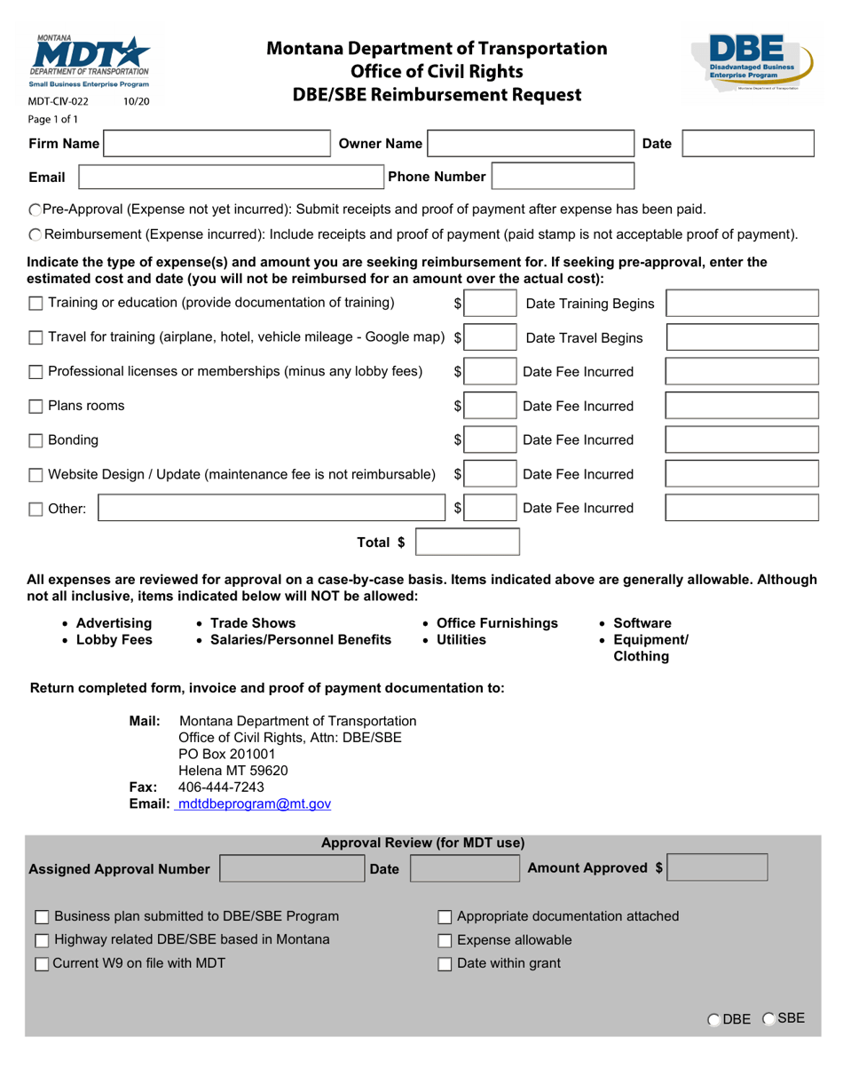Form MDT-CIV-022 Dbe / Sbe Reimbursement Request - Montana, Page 1