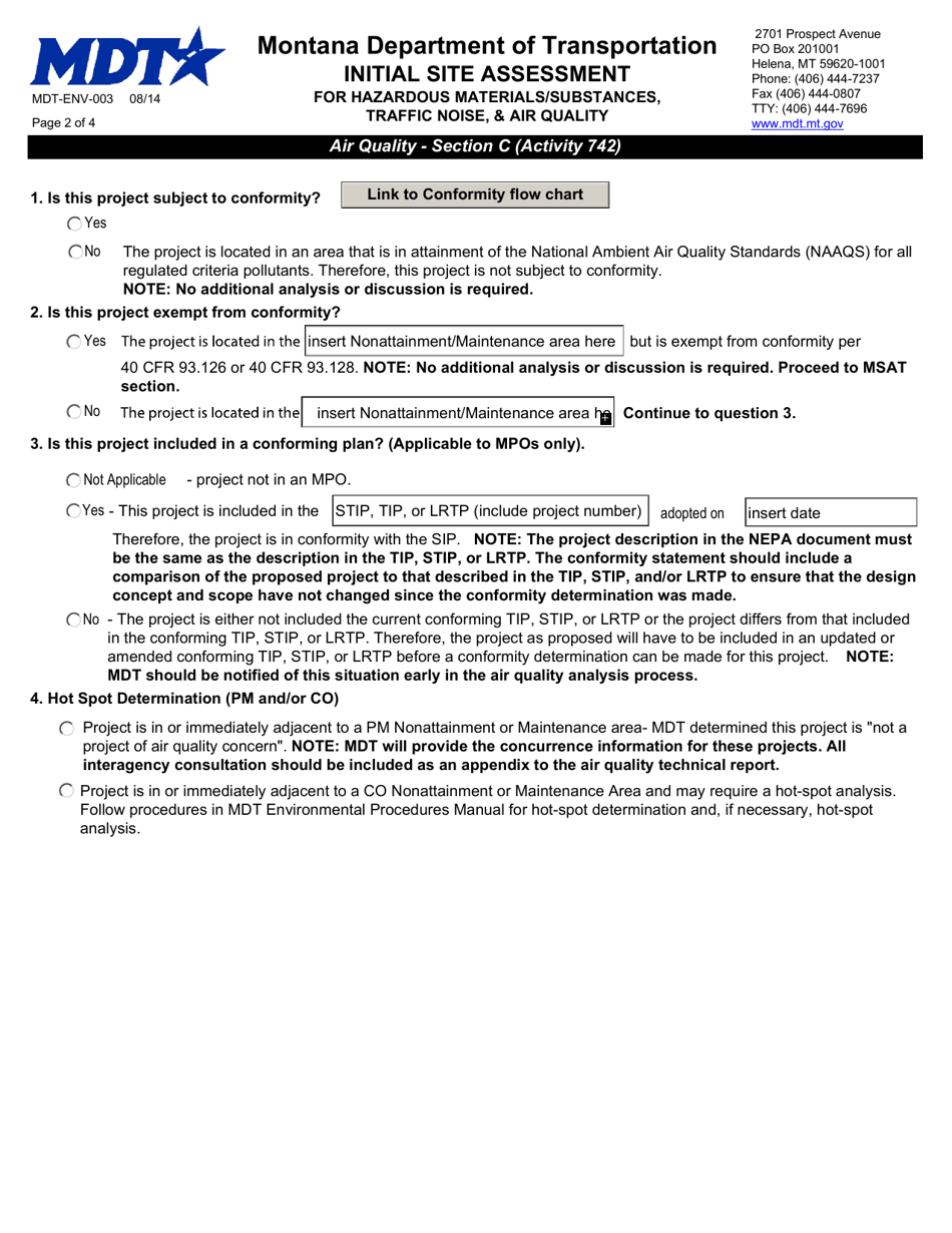 Form MDT-ENV-003 Initial Site Assessment for Hazardous Materials / Substances, Traffic Noise,  Air Quality - Montana, Page 2