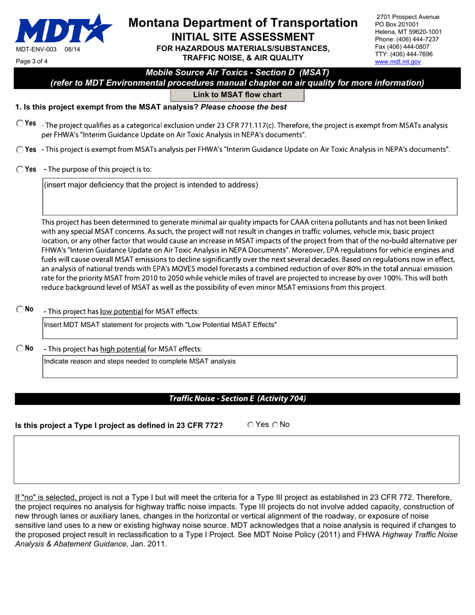 Form MDT-ENV-003 Initial Site Assessment for Hazardous Materials / Substances, Traffic Noise,  Air Quality - Montana, Page 3