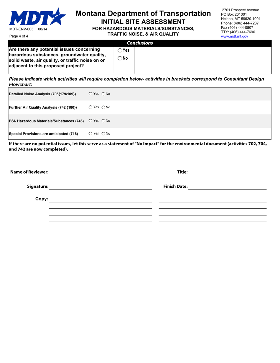 Form MDT-ENV-003 Initial Site Assessment for Hazardous Materials / Substances, Traffic Noise,  Air Quality - Montana, Page 4