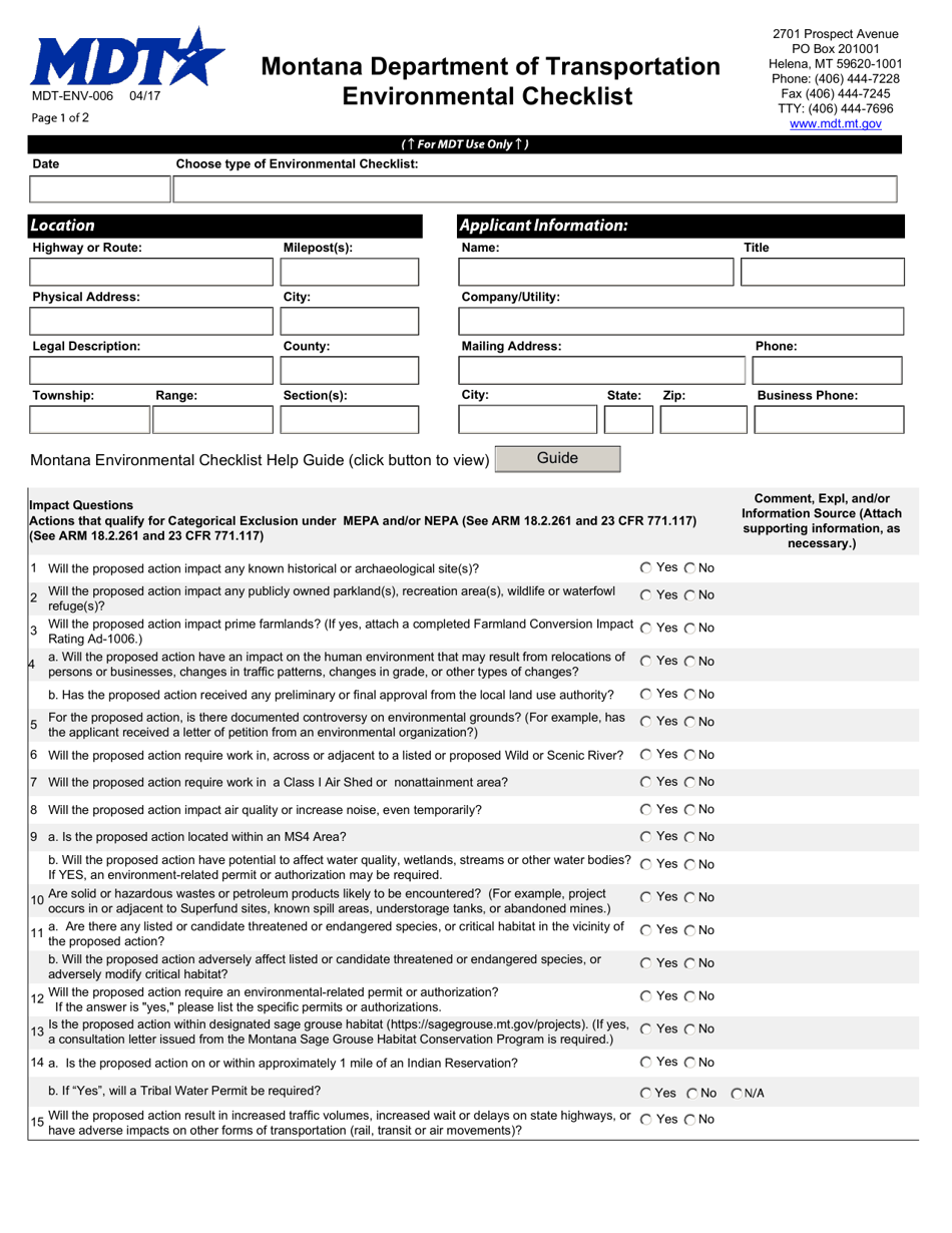 Form MDT-ENV-006 Environmental Checklist - Montana, Page 1