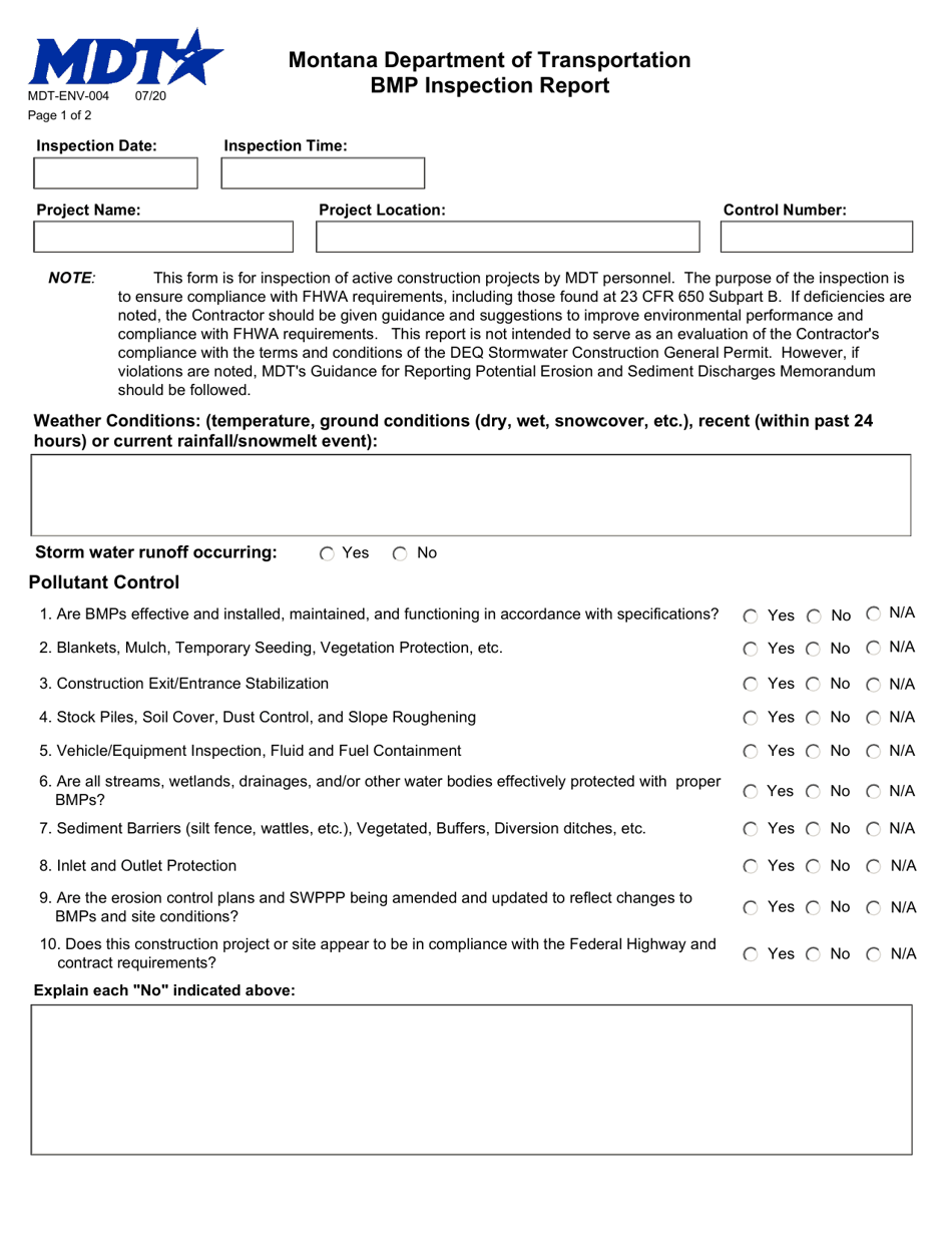 Form MDT-ENV-004 Bmp Inspection Report - Montana, Page 1