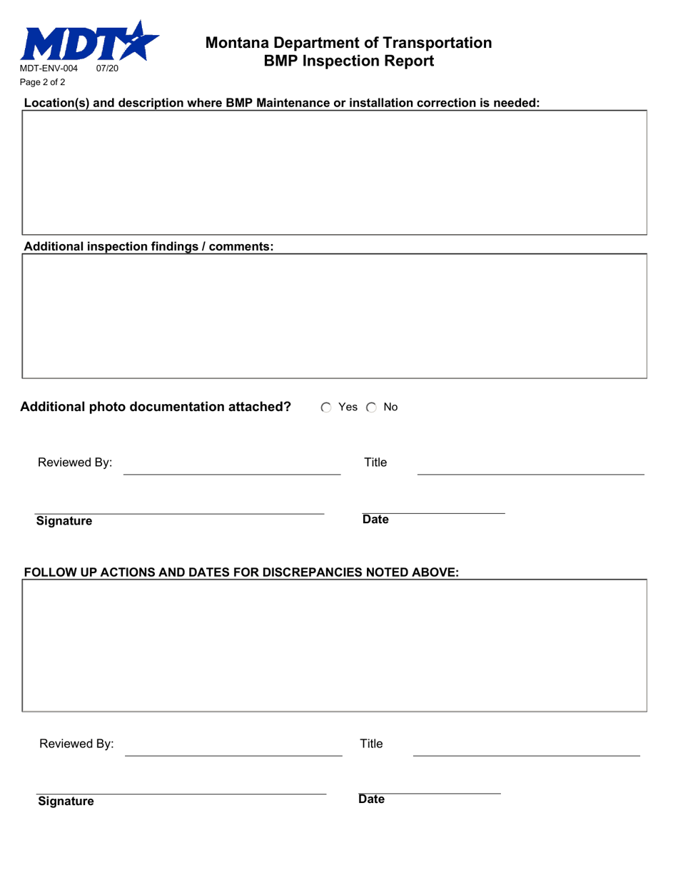 Form MDT-ENV-004 Bmp Inspection Report - Montana, Page 2