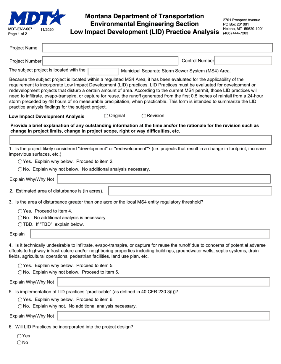 Form MDT-ENV-007 Low Impact Development (Lid) Practice Analysis - Montana, Page 1