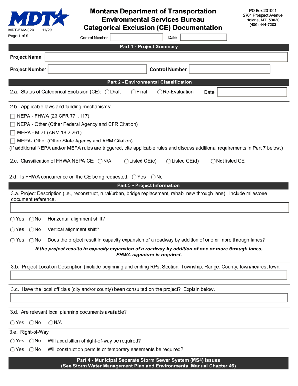 Form MDT-ENV-020 Categorical Exclusion (Ce) Documentation - Montana, Page 1