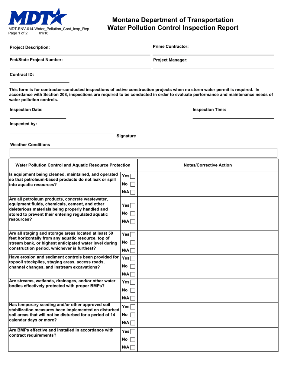 Form MDT-ENV-014 Water Pollution Control Inspection Report - Montana, Page 1