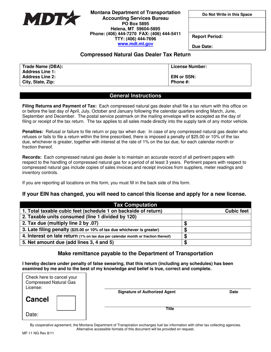 Form MF-11 NG Compressed Natural Gas Dealer Tax Return - Montana, Page 1
