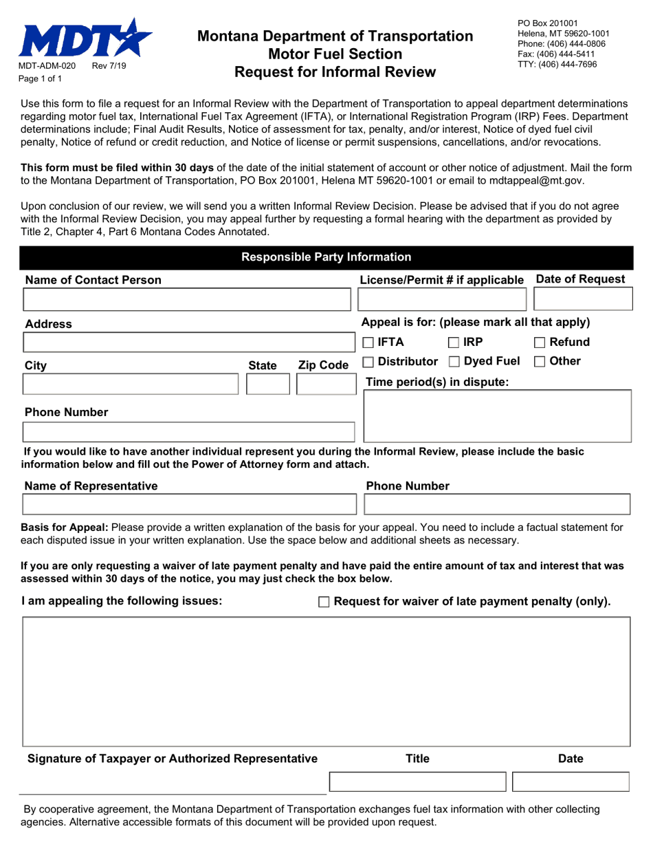 Form MDT-ADM-020 Request for Informal Review - Montana, Page 1