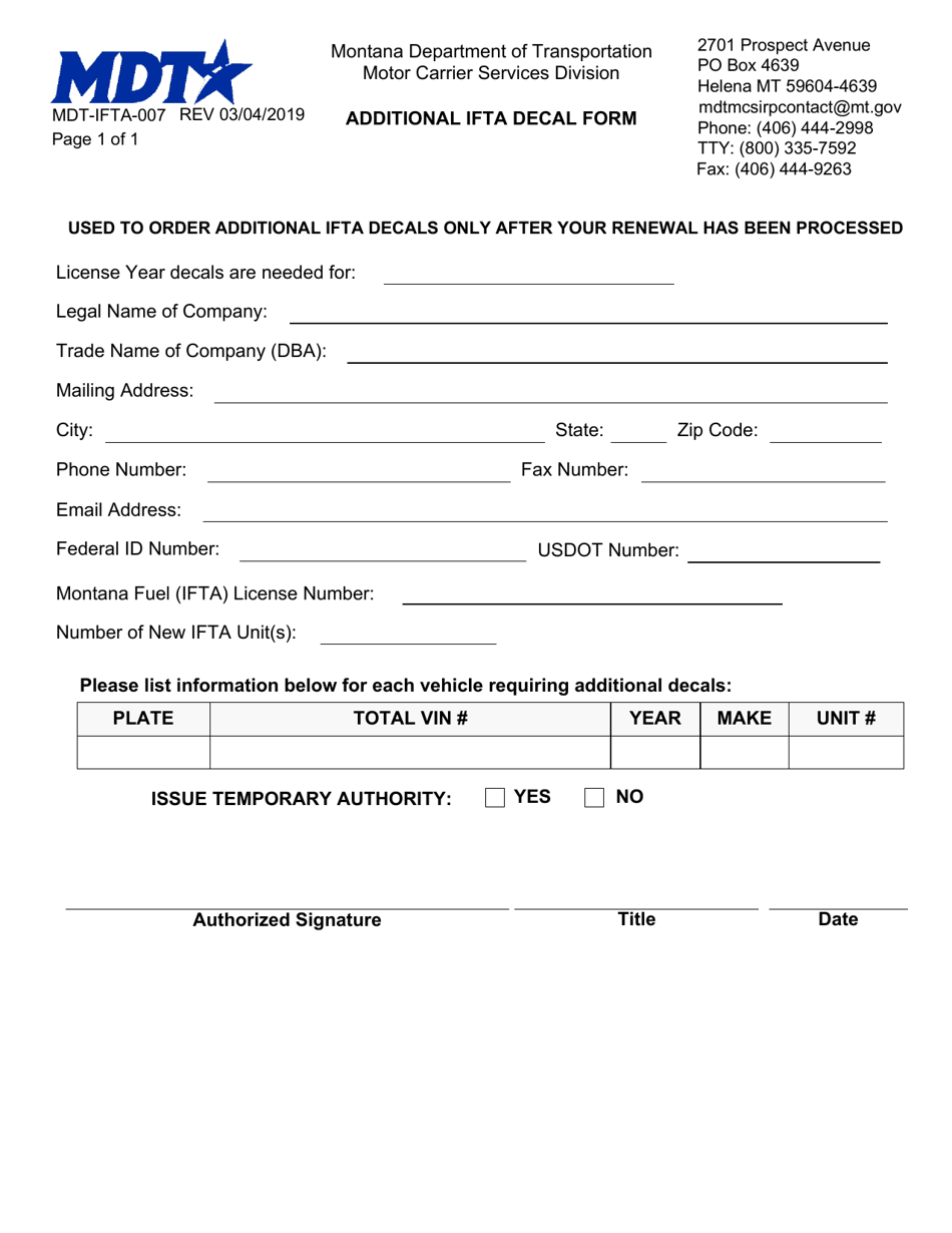 Form MDT-IFTA-007 Additional Ifta Decal Form - Montana, Page 1