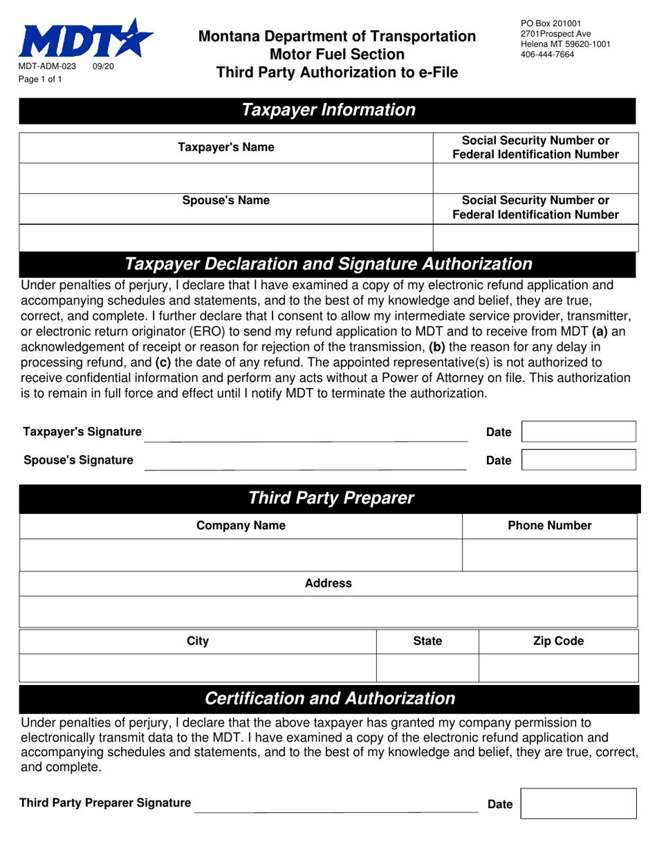 Form MDT-ADM-023 Third Party Authorization to E-File - Montana, Page 1