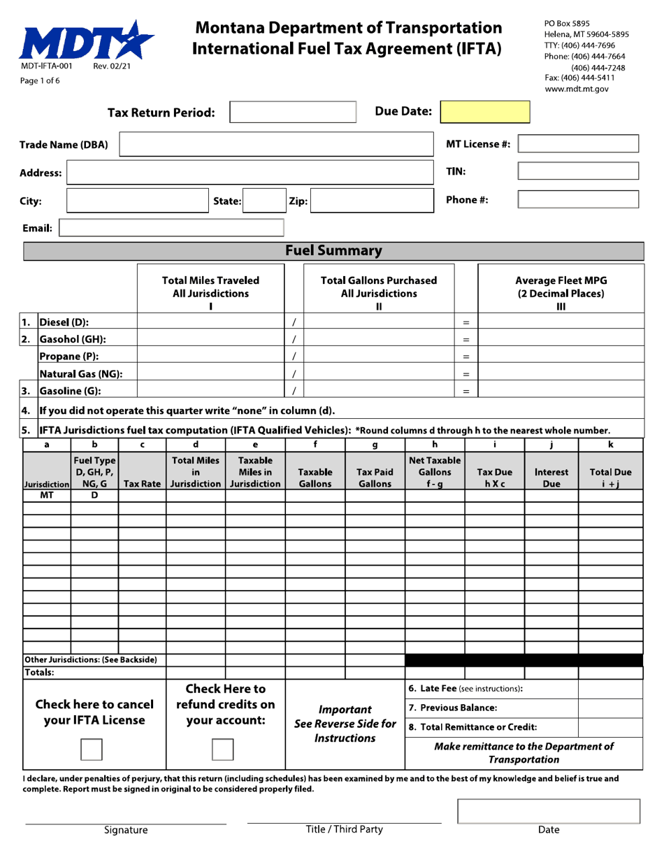 Form MDT-IFTA-001 International Fuel Tax Agreement (Ifta) Tax Return - Montana, Page 1