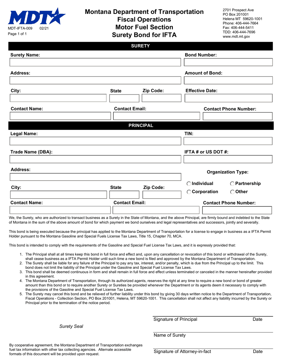 Form MDT-IFTA-009 Surety Bond for Ifta - Montana, Page 1