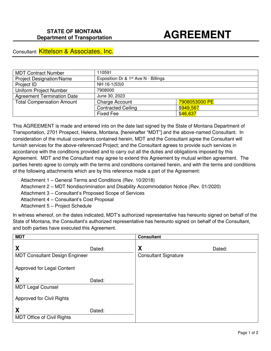 Sample Standard Agreement Cover Sheet - Projects - Montana, Page 1