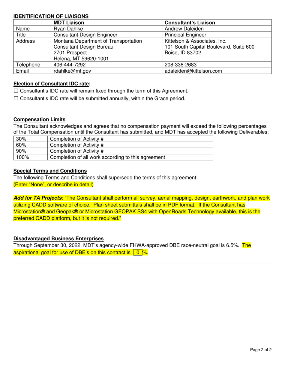 Sample Standard Agreement Cover Sheet - Projects - Montana, Page 2