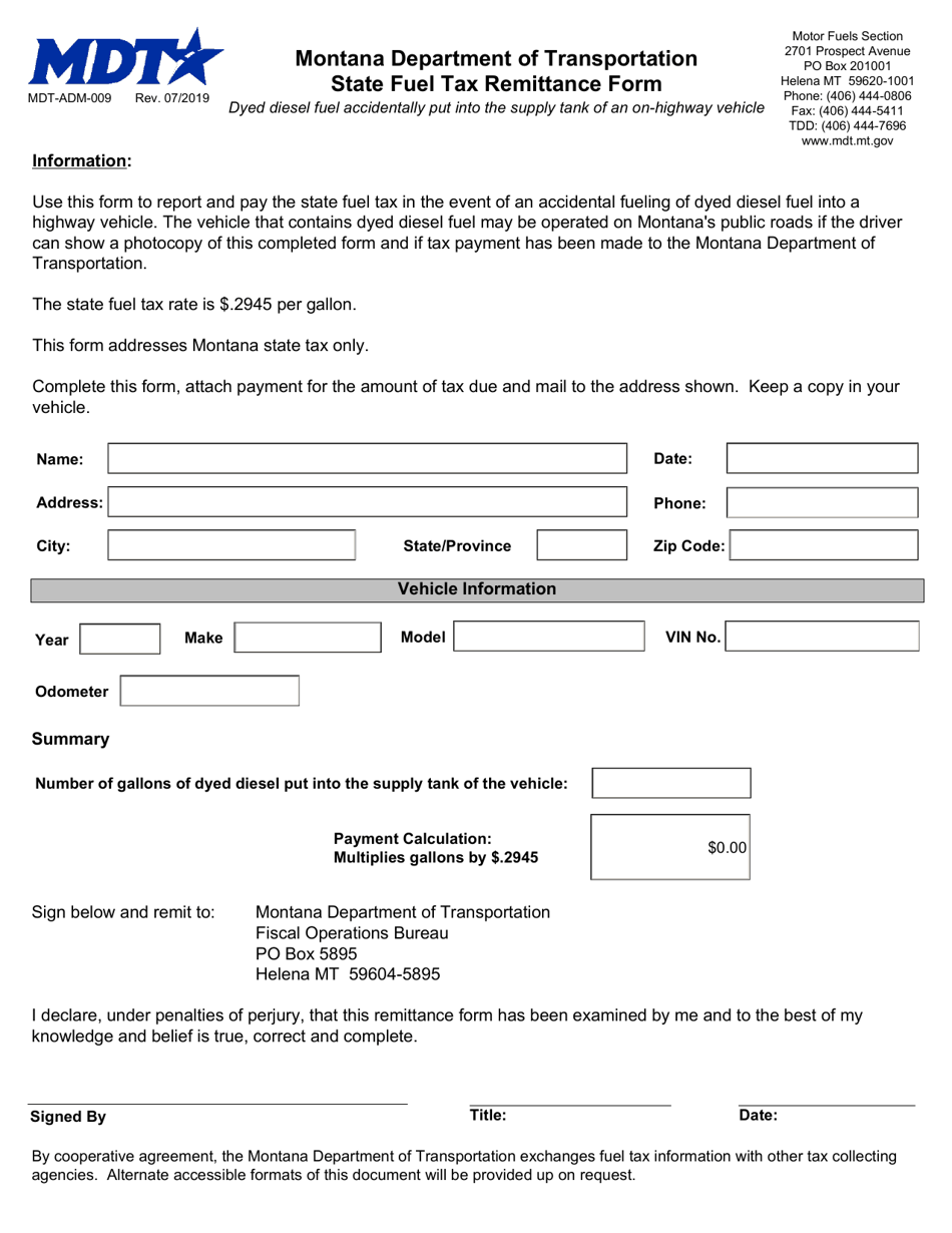 Form MDT-ADM-009 State Fuel Tax Remittance Form - Montana, Page 1