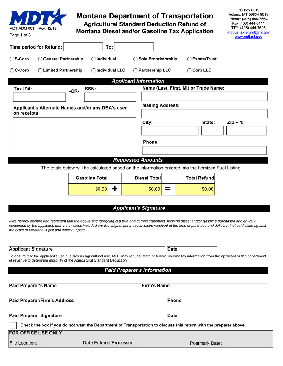 Form MDT-ADM-001 Agricultural Standard Deduction Refund of Montana Diesel and / or Gasoline Tax Application - Montana, Page 1