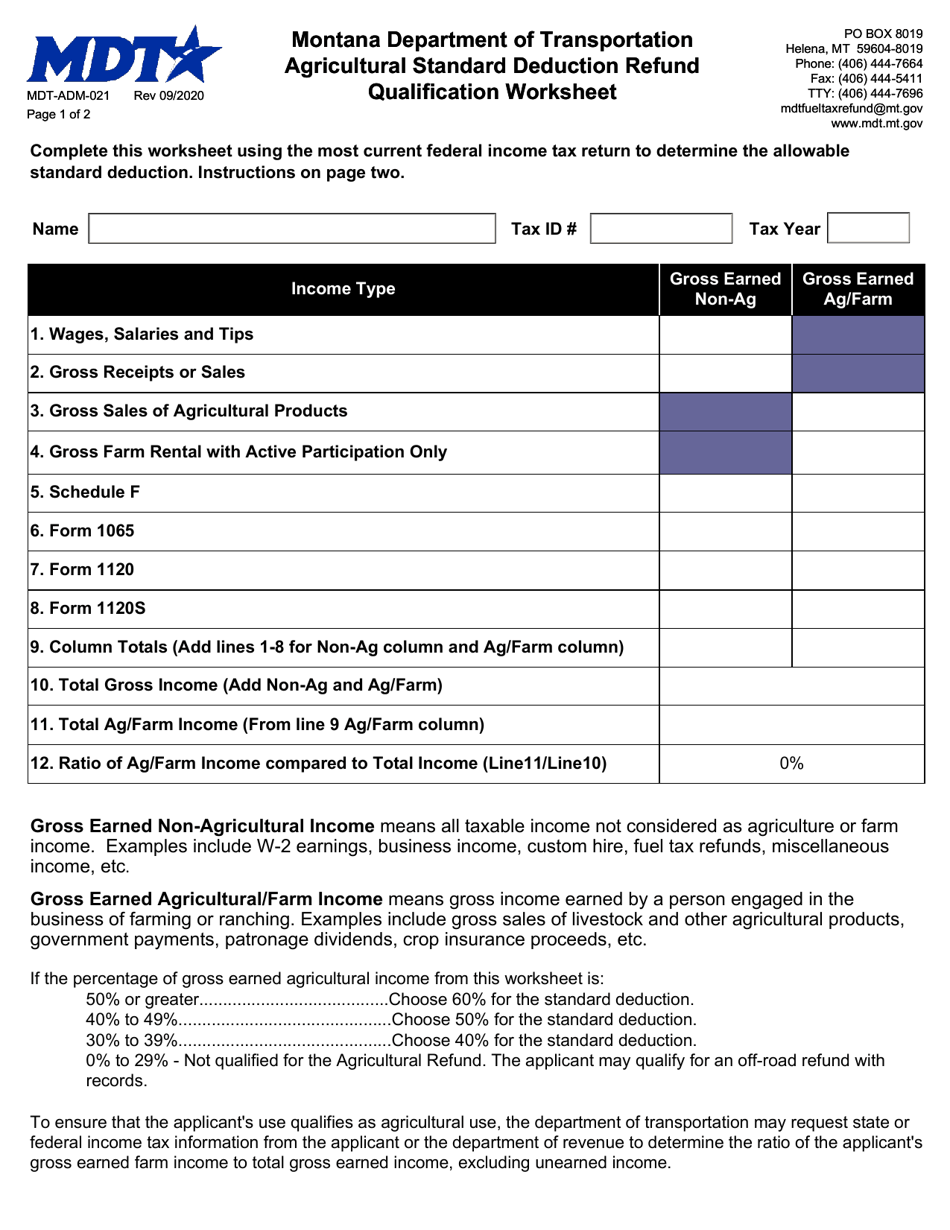 Form MDT-ADM-021 Agricultural Standard Deduction Refund Qualification Worksheet - Montana, Page 1
