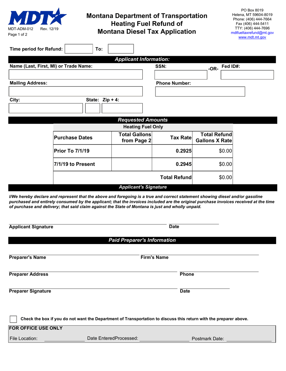 Form MDT-ADM-012 Montana Diesel Tax Application - Montana, Page 1