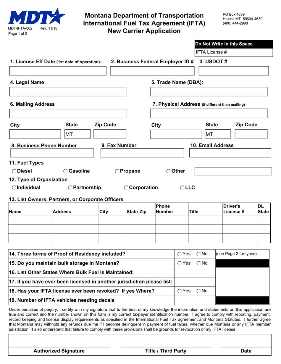 Form MDT-IFTA-002 International Fuel Tax Agreement (Ifta) New Carrier Application - Montana, Page 1