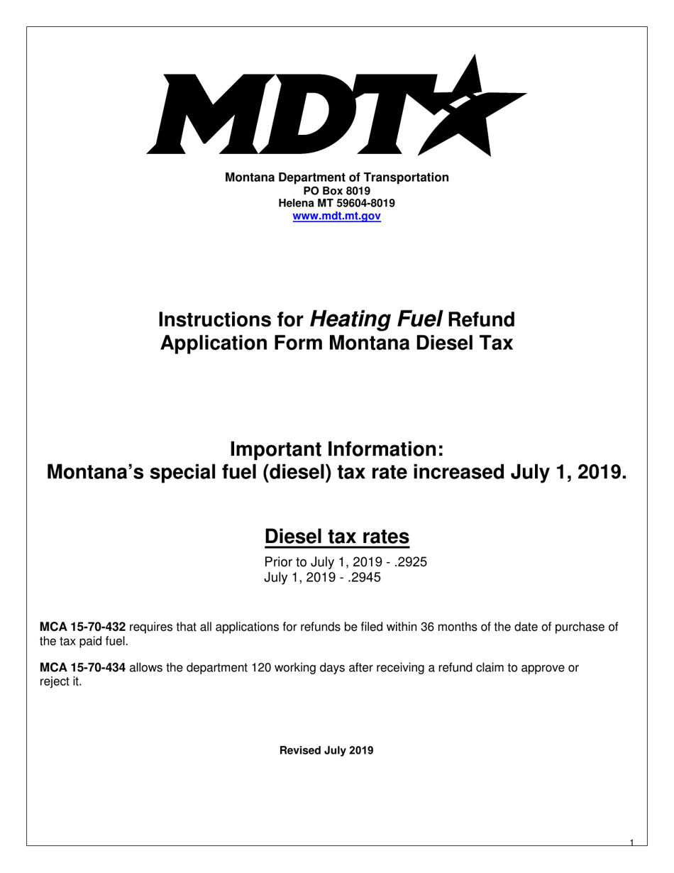 Instructions for Form MDT-ADM-012 Heating Fuel Refund of Montana Diesel Tax Application - Montana, Page 1