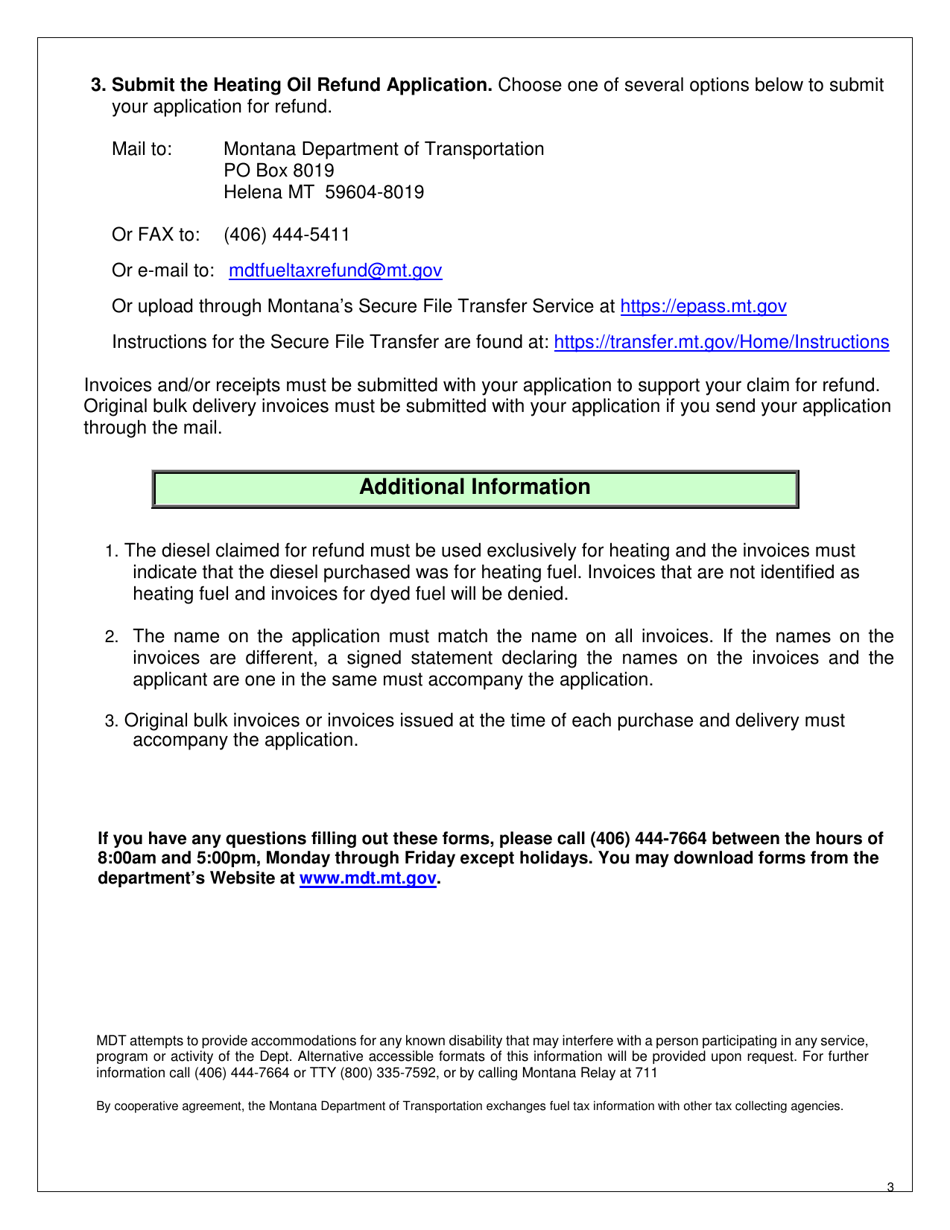 Instructions for Form MDT-ADM-012 Heating Fuel Refund of Montana Diesel Tax Application - Montana, Page 3