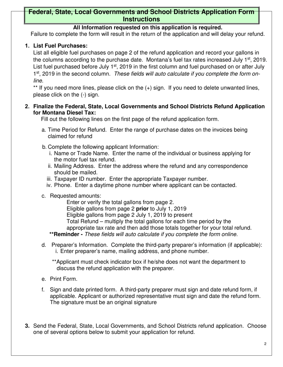 Instructions for Form MDT-ADM-013 Federal, State, Local Governments and School Districts Refund of Montana Diesel Tax Application - Montana, Page 2