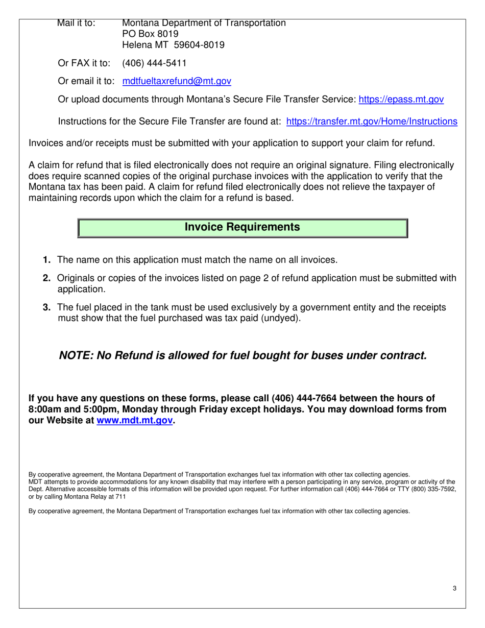 Instructions for Form MDT-ADM-013 Federal, State, Local Governments and School Districts Refund of Montana Diesel Tax Application - Montana, Page 3