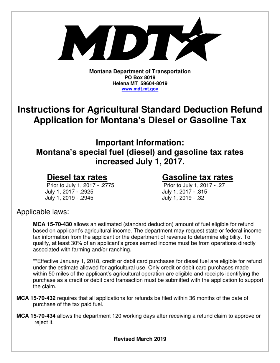 Instructions for Form MDT-ADM-001 Agricultural Standard Deduction Refund of Montana Diesel and/or Gasoline Tax Application - Montana, Page 1