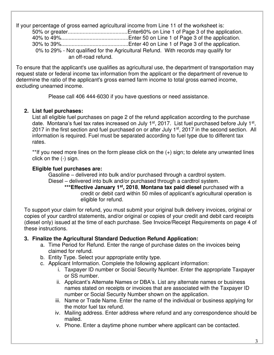 Instructions for Form MDT-ADM-001 Agricultural Standard Deduction Refund of Montana Diesel and / or Gasoline Tax Application - Montana, Page 3