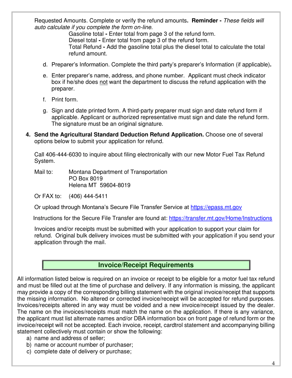 Instructions for Form MDT-ADM-001 Agricultural Standard Deduction Refund of Montana Diesel and / or Gasoline Tax Application - Montana, Page 4