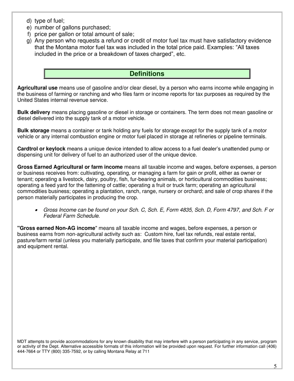 Instructions for Form MDT-ADM-001 Agricultural Standard Deduction Refund of Montana Diesel and / or Gasoline Tax Application - Montana, Page 5