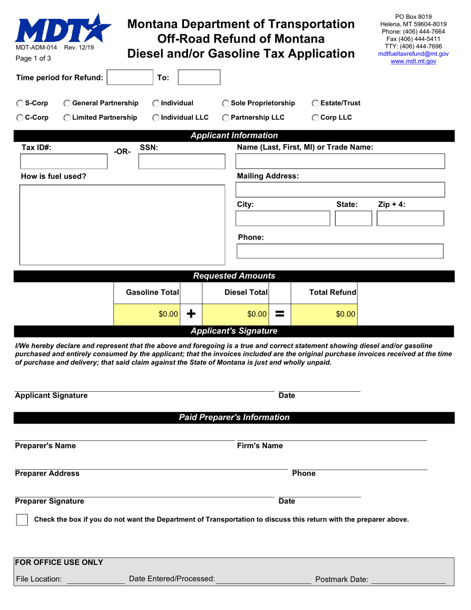 Form MDT-ADM-014 Off-Road Refund of Montana Diesel and / or Gasoline Tax Application - Montana, Page 1
