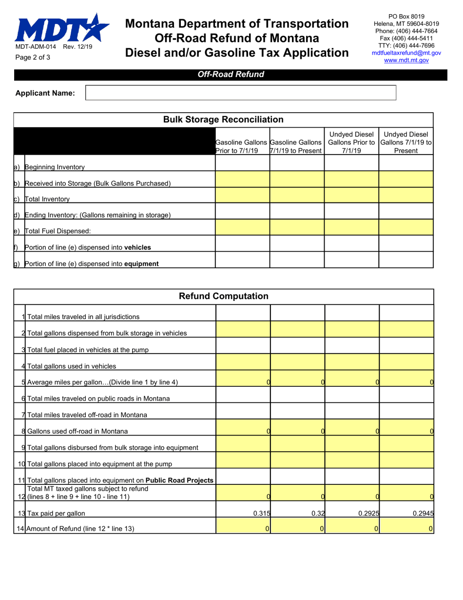 Form MDT-ADM-014 Off-Road Refund of Montana Diesel and / or Gasoline Tax Application - Montana, Page 2